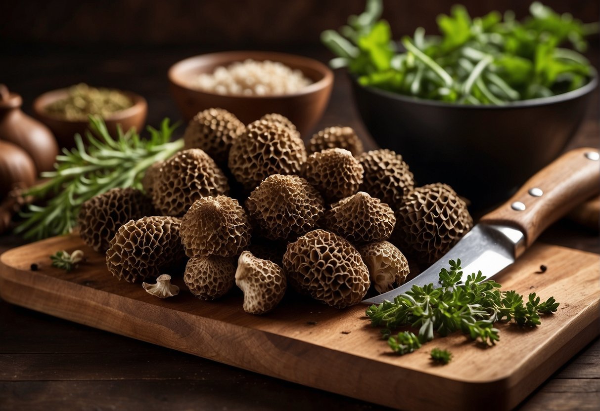 A pile of fresh morel mushrooms sits on a wooden cutting board, surrounded by various herbs and spices. A chef's knife and a skillet are nearby, ready to be used for cooking