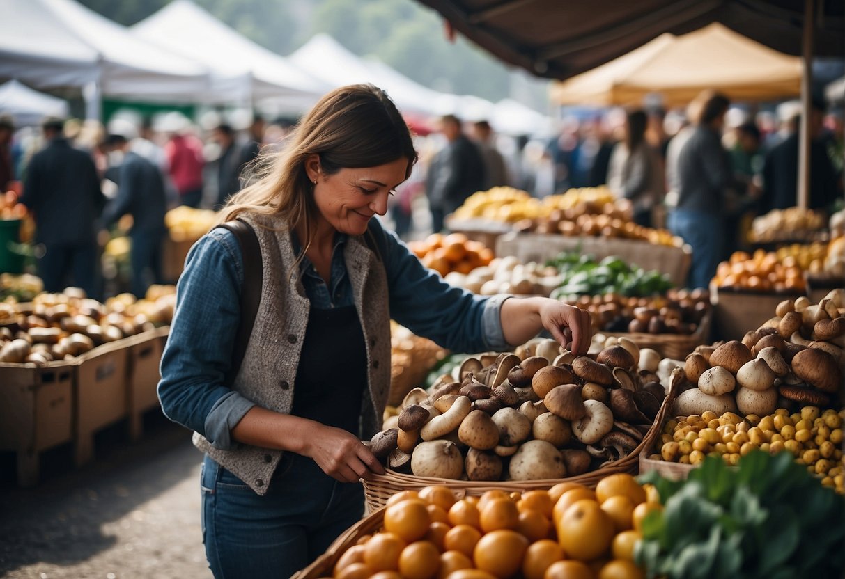 A bustling farmers' market with colorful stalls and vendors selling a variety of wild mushrooms. Customers browse and sample the different types before making their purchases