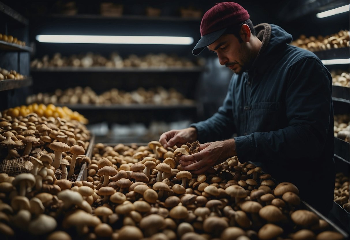 A person selects fresh wild mushrooms from a market stall, then carefully stores them in a cool, dark pantry at home