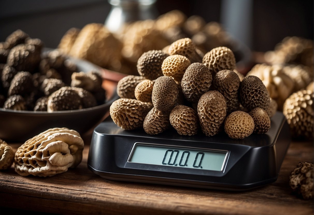 A pile of morel mushrooms on a scale, with the price per pound displayed on a sign nearby