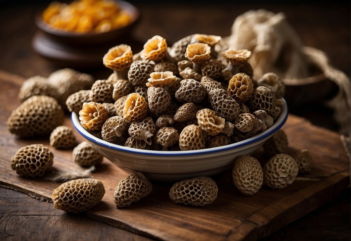 A pile of morel mushrooms with unique honeycomb-like caps, varying in size and color, displayed on a wooden table with a price tag indicating cost per pound