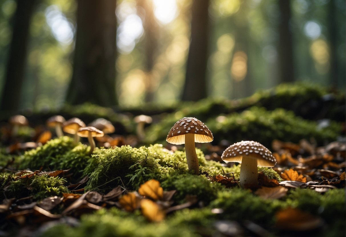 A woodland floor, dappled with sunlight, scattered with fallen leaves and moss. Various types of mushrooms peek out from the damp earth