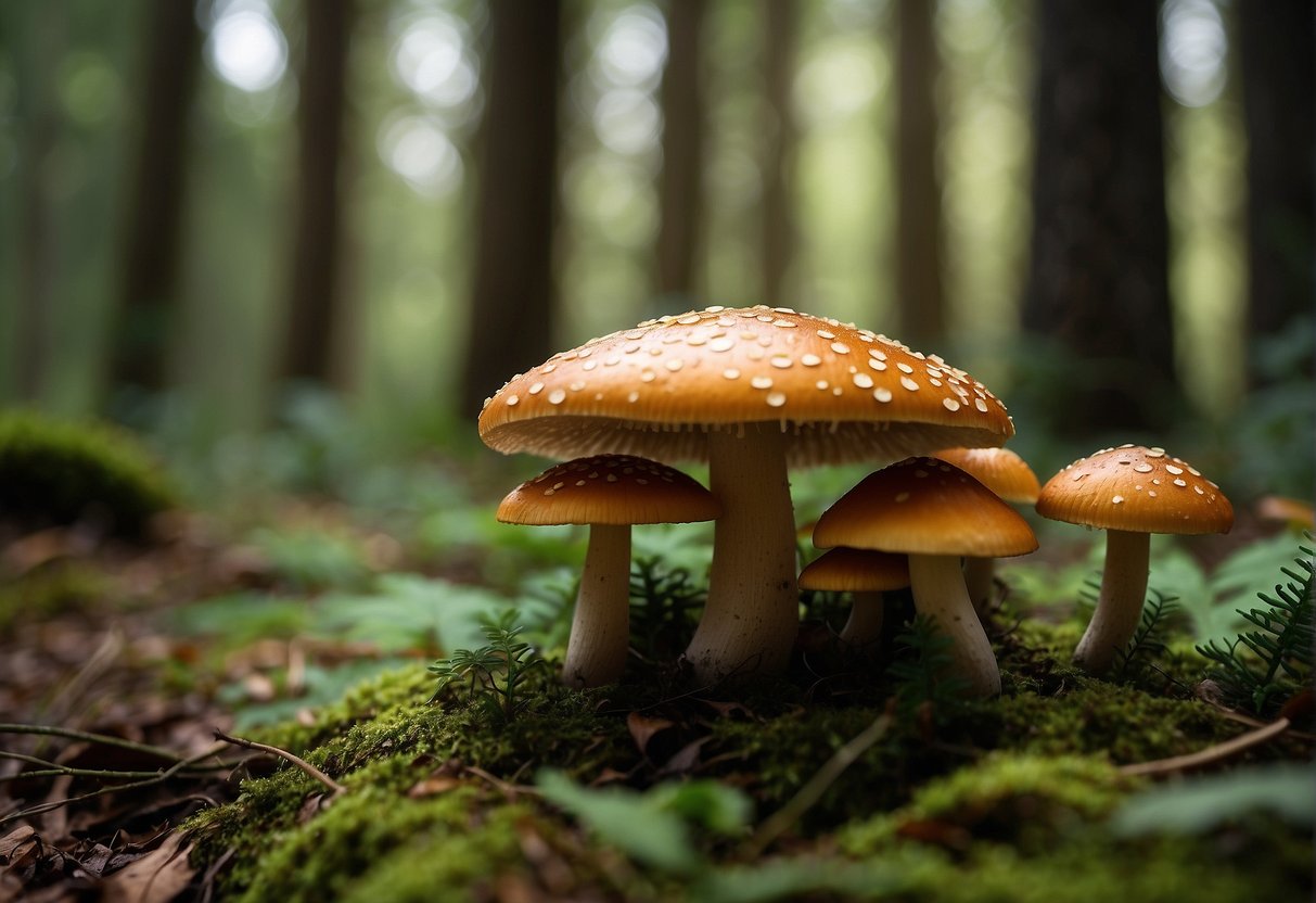 A forest floor with various types of mushrooms growing in clusters and scattered across the ground