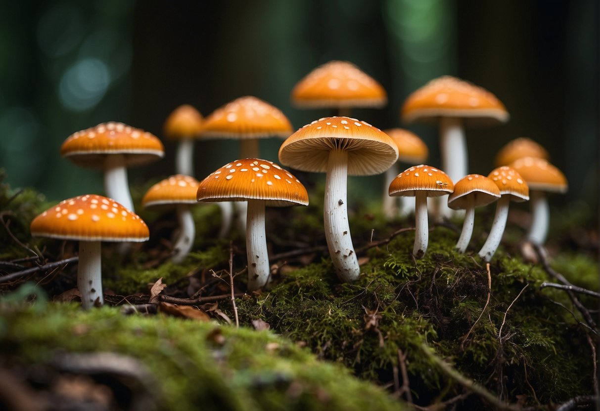 Various unique mushrooms scattered in a forest clearing, some tall and slender, others short and stout, with vibrant colors and intricate patterns