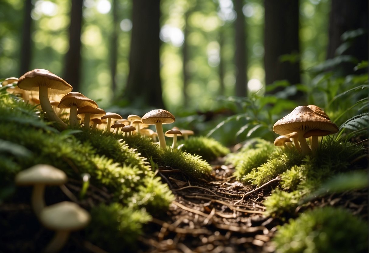 Lush green forest floor with various mushrooms of different shapes and sizes scattered around. Sunlight filtering through the trees, casting dappled shadows on the ground