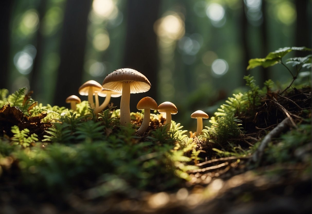 Lush forest floor, mushrooms of various shapes and sizes, dappled sunlight filtering through the canopy above