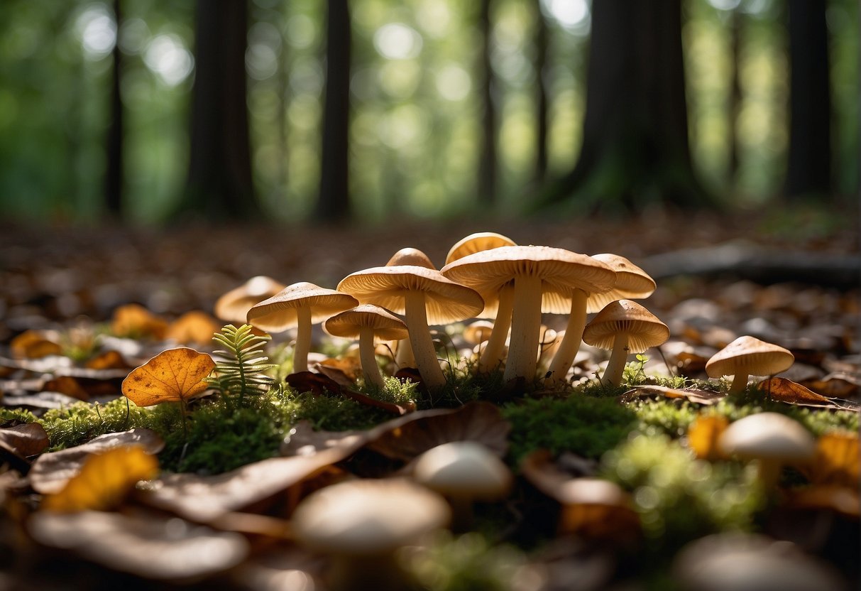 A forest floor scattered with various types of mushrooms, surrounded by fallen leaves and dappled sunlight filtering through the trees