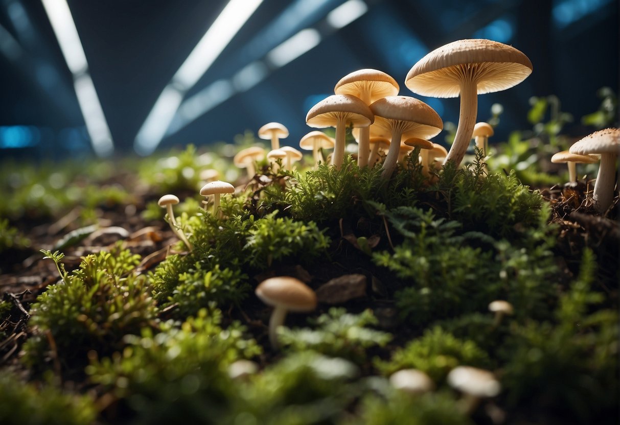 Mushrooms growing in a futuristic, tech-filled environment