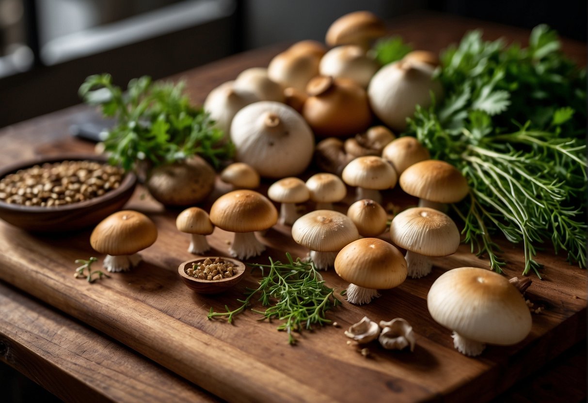 A variety of mushrooms spread out on a wooden cutting board, surrounded by fresh herbs and spices. A chef's knife sits nearby, ready to slice and prepare the mushrooms for cooking