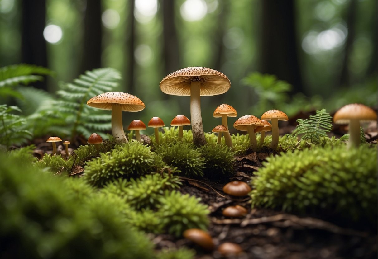 Lush forest floor with diverse mushrooms, vital for nutrient cycling and ecosystem health