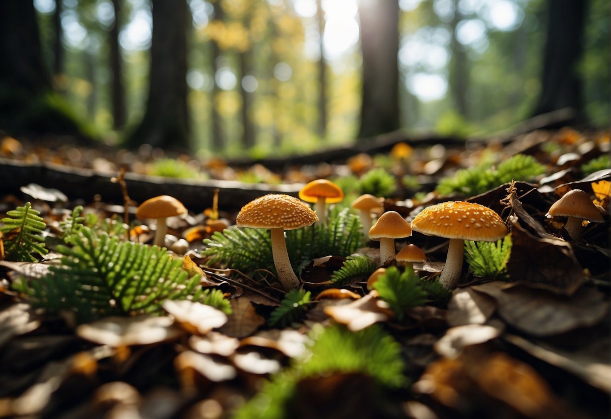 A forest floor scattered with various wild mushrooms in different shapes and sizes, surrounded by fallen leaves and dappled sunlight