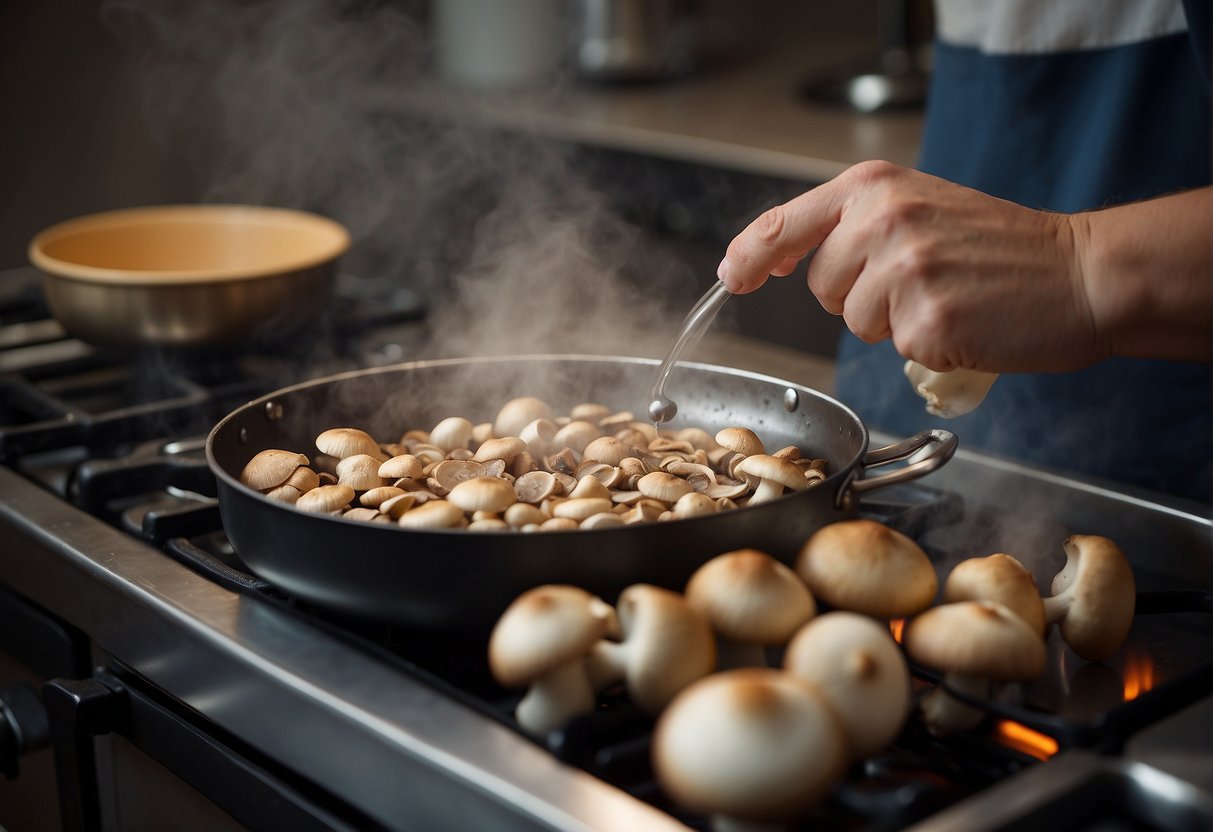 Mushrooms being cleaned and sliced, with a pot of water boiling on the stove