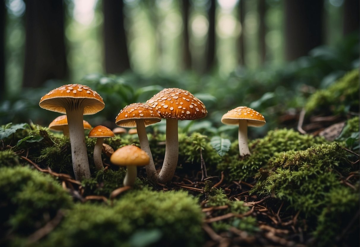 Lush forest floor with diverse mushrooms, surrounded by trees and wildlife