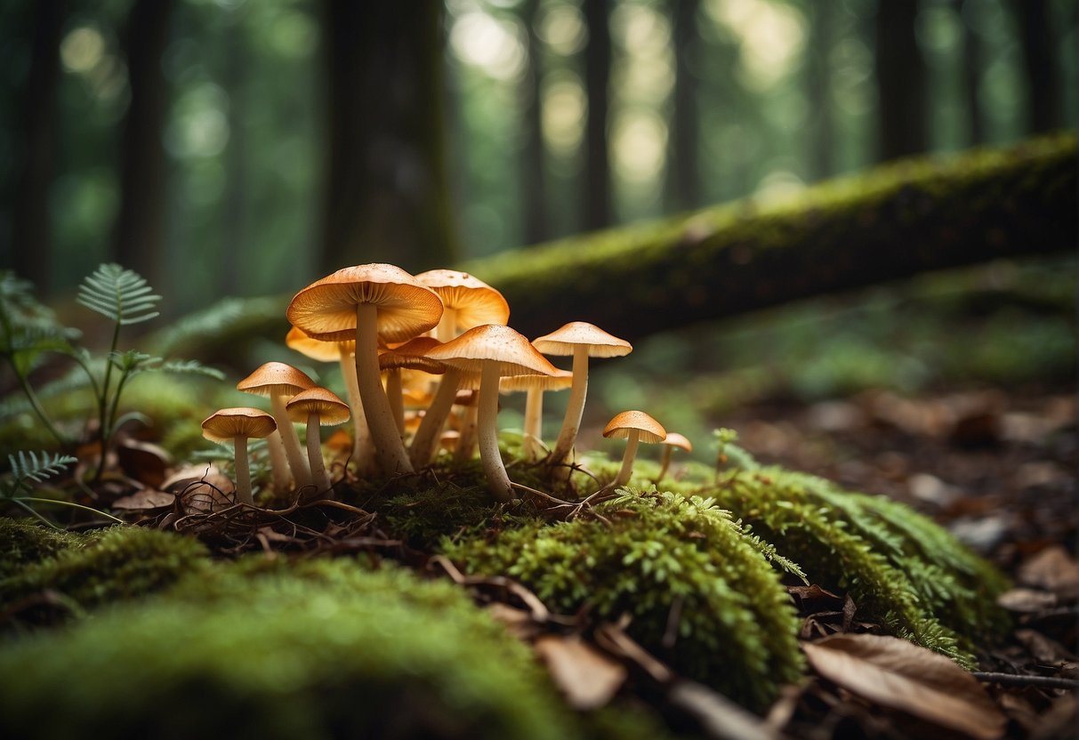 A forest floor scattered with various types of mushrooms, surrounded by trees and dappled sunlight