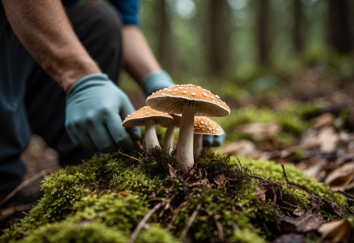 Mushrooms being carefully harvested from forest floor with specialized tools and techniques