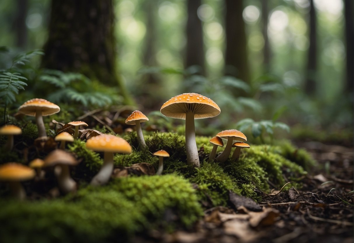 Lush forest floor with diverse mushrooms, some being carefully harvested. Conservation signs and tools nearby