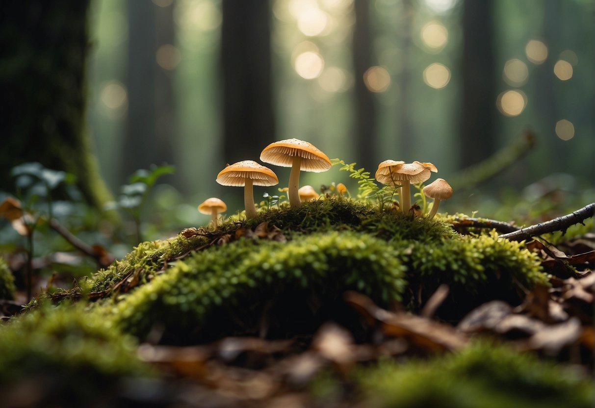 Sunlight filters through dense forest canopy. Mushrooms sprout from damp earth, nestled among fallen leaves and moss. A small animal sniffs around, searching for its own woodland treasure