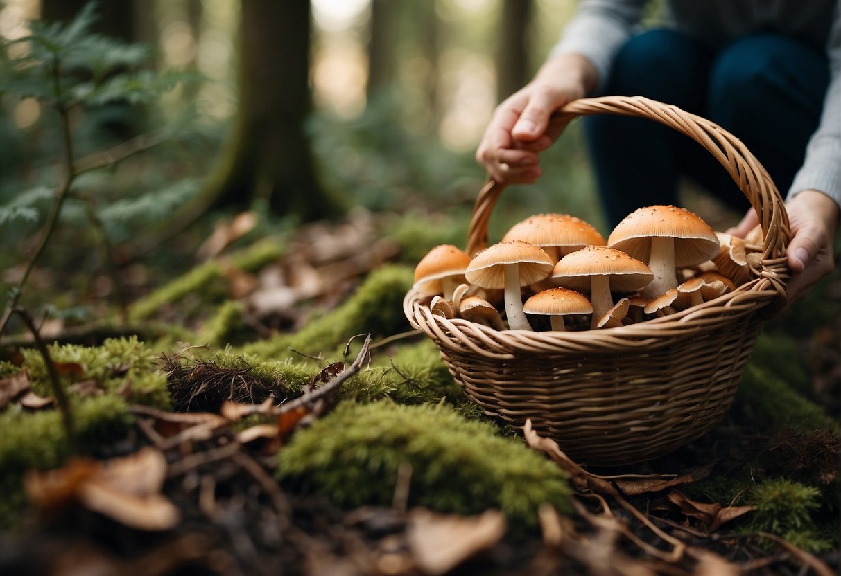Mushrooms being carefully plucked from the forest floor and placed into a basket
