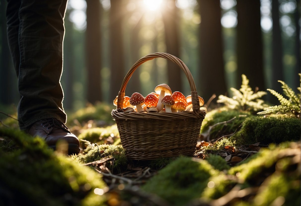 A person walking through a forest, picking mushrooms and placing them in a basket. The sun shines through the trees, casting dappled shadows on the forest floor