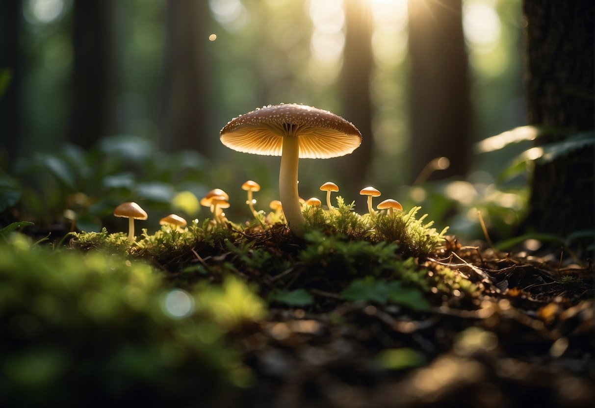 Sunlight filters through the dense forest canopy, illuminating a patch of earth where a variety of mushrooms sprout from the damp ground
