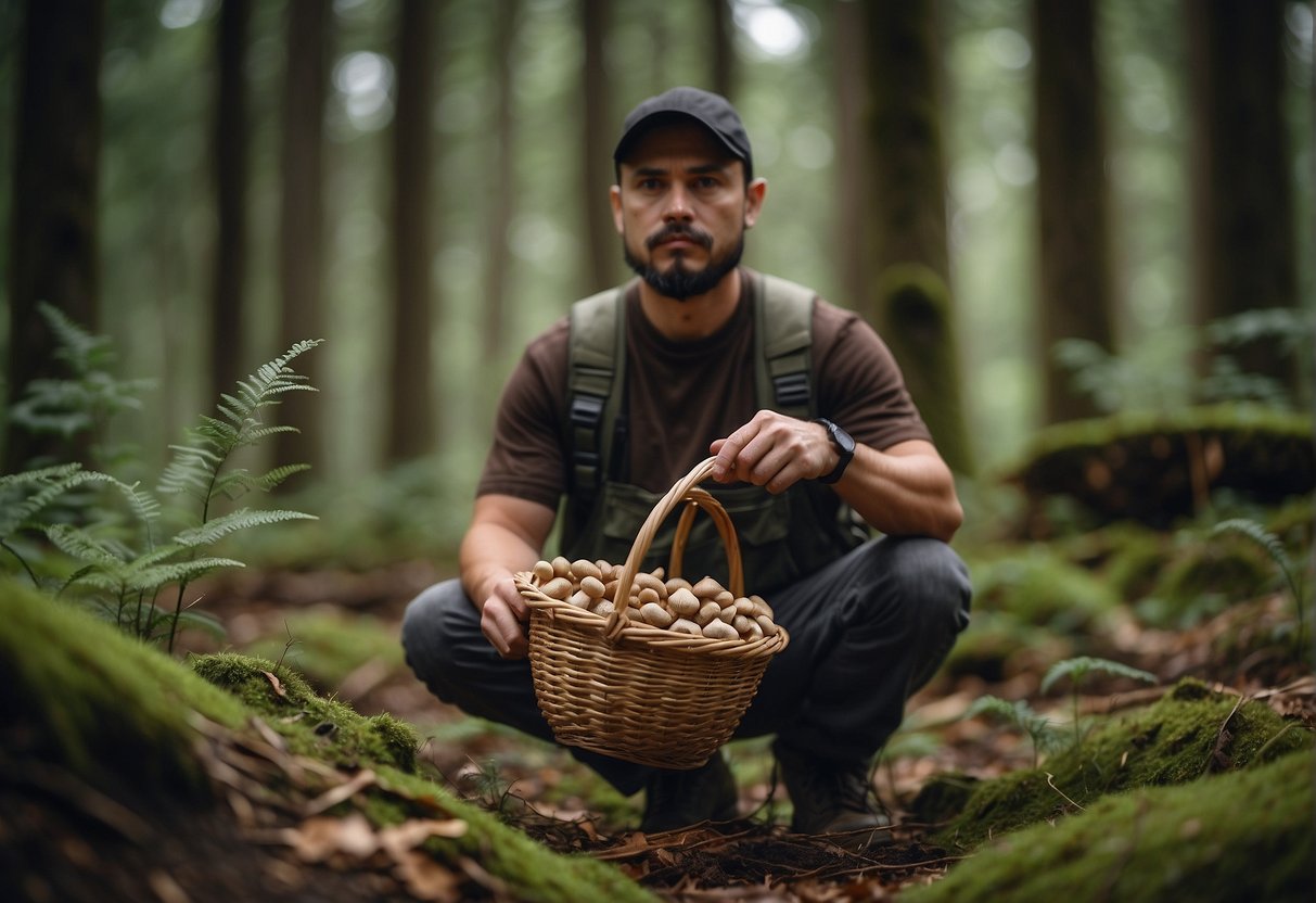 Mushroom hunter uses a basket, knife, and guidebook to identify and collect mushrooms in the forest
