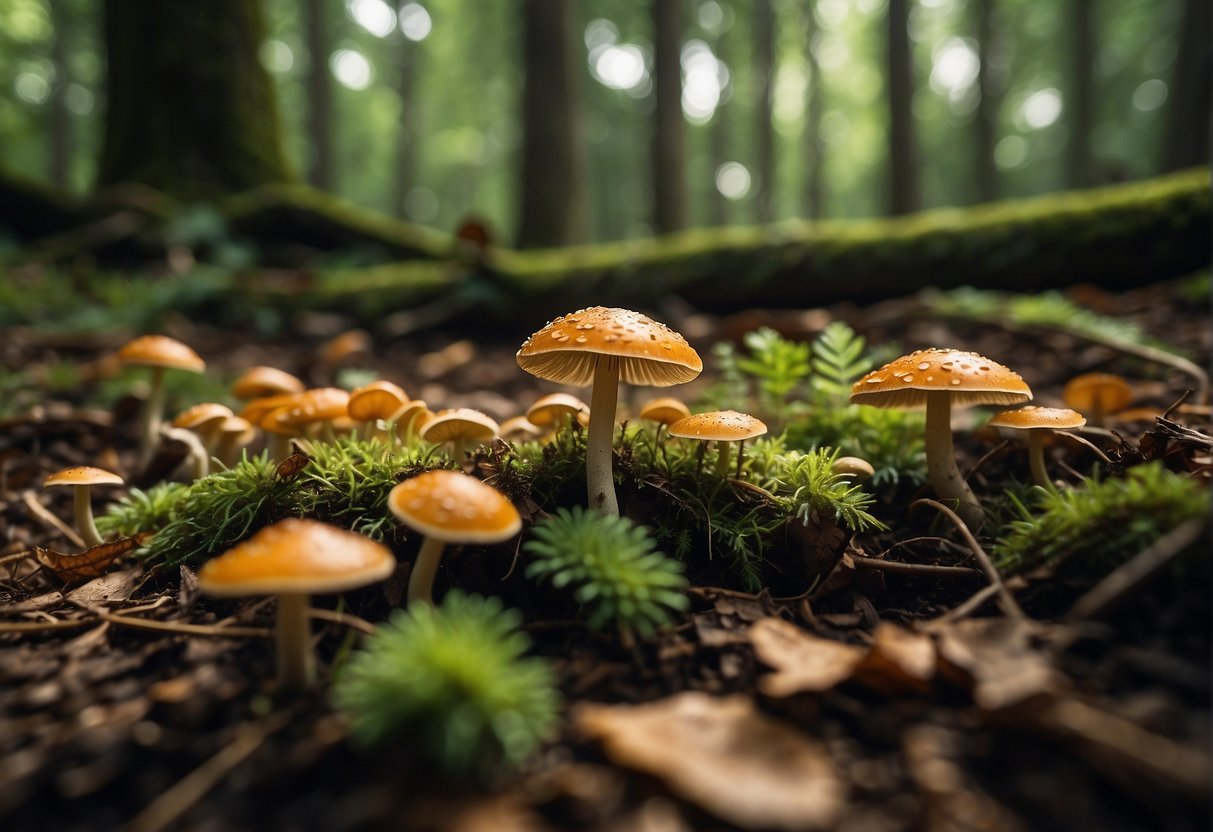 Lush forest floor with damp soil, fallen leaves, and decaying wood. Shafts of sunlight filter through the canopy, creating patches of warm, moist air. Various types of mushrooms sprout from the ground, thriving in the humid environment