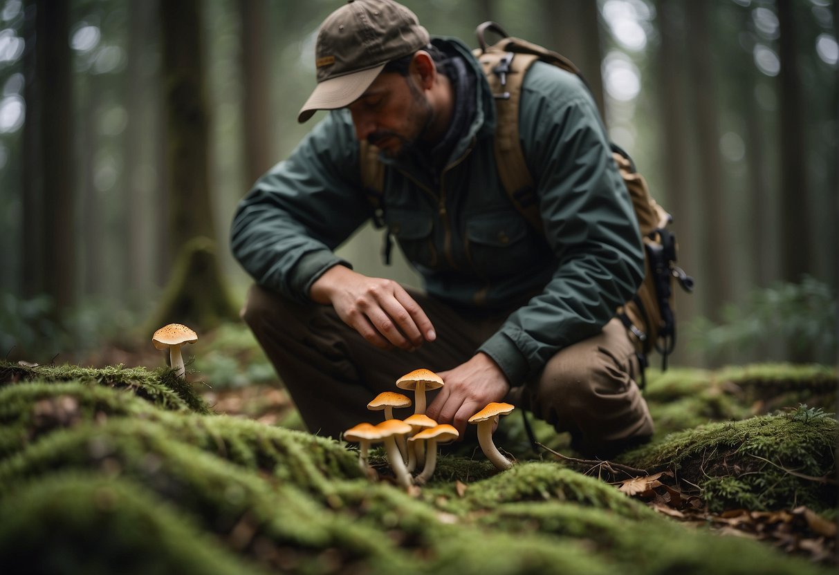 Mushroom hunter follows legal and safe practices in the forest, carefully identifying and collecting various types of mushrooms