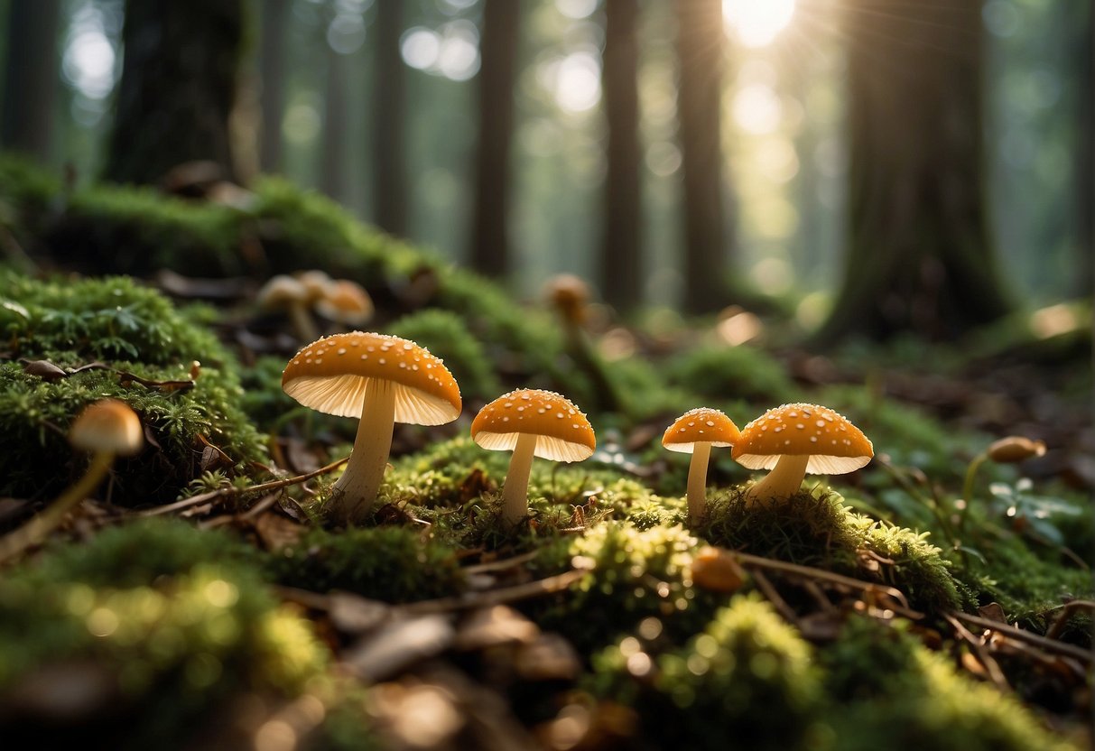 Sunlight filters through the dense forest canopy, illuminating patches of moss-covered ground. A variety of mushrooms of different shapes and colors can be seen sprouting from the damp earth, creating a picturesque scene for mushroom hunting