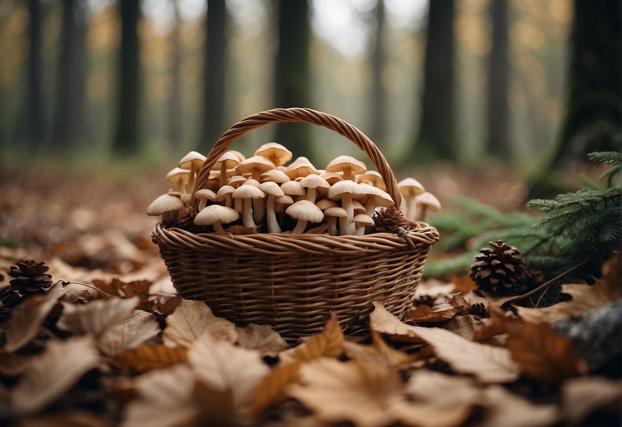 Mushrooms gathered in a wicker basket, surrounded by fallen leaves and pinecones in a forest clearing