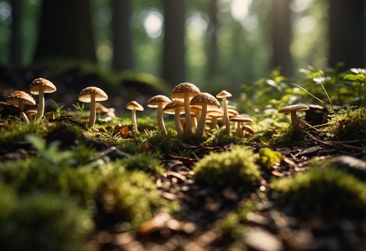 A forest floor scattered with various types of mushrooms, dappled with sunlight filtering through the trees