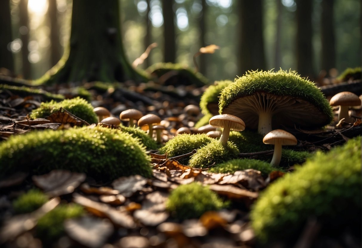 A forest floor with scattered mushrooms of various shapes and sizes, surrounded by fallen leaves and moss-covered logs. Sunlight filters through the canopy, casting dappled shadows on the ground