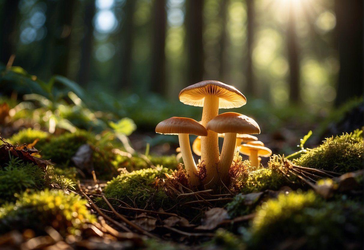 Lush forest floor with diverse mushrooms: chanterelles, morels, and oyster mushrooms. Sunlight filters through the canopy, casting dappled shadows