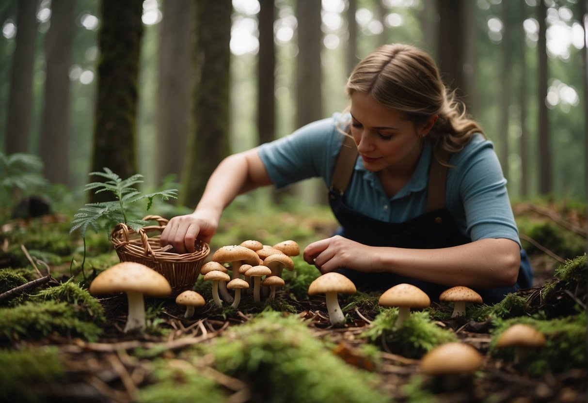 Mushrooms being carefully plucked from the forest floor, followed by gentle cleaning and storage in baskets