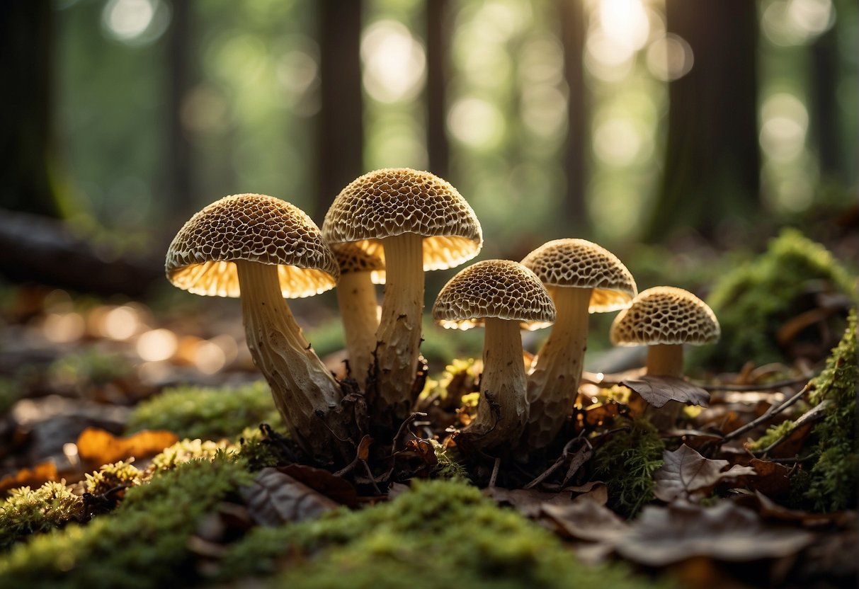 Sunlight filters through the dense forest canopy, illuminating the forest floor. A cluster of morel mushrooms, with their distinctive honeycomb caps, stand out against the fallen leaves and twigs