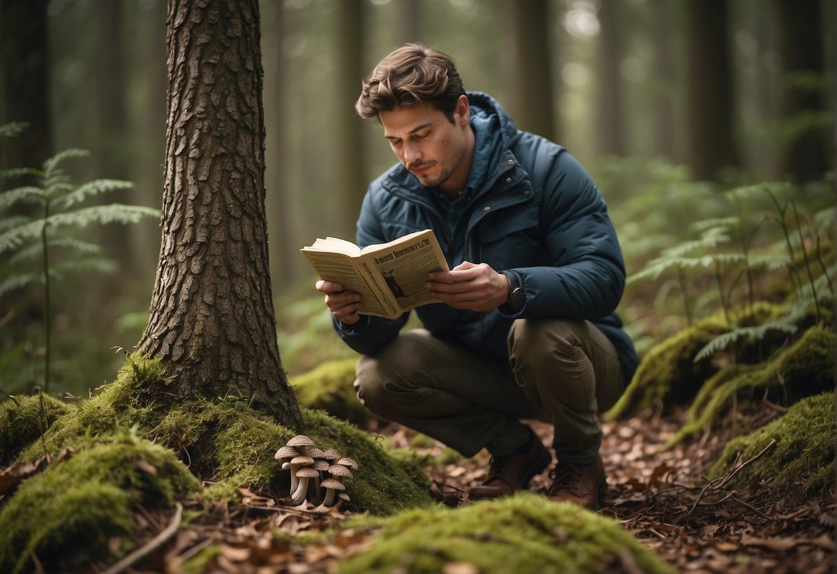 A person uses a field guide to identify morel mushrooms in a forest clearing. They carefully examine the mushrooms, taking note of their distinctive features and comparing them to the guide