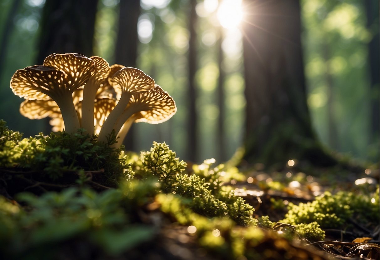 Sunlight filters through the dense forest canopy, illuminating the forest floor where a cluster of morel mushrooms emerges from the decaying leaves and twigs