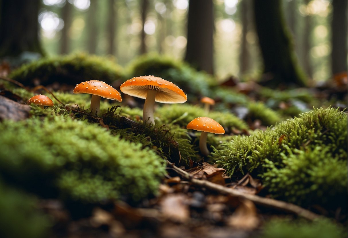 Lush forest floor, dappled sunlight, and colorful mushrooms peeking out from under fallen leaves and moss