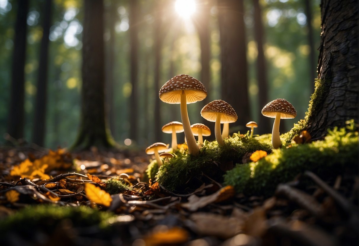 Sunlight filters through the dense forest canopy, illuminating a patch of earth covered in fallen leaves. Various species of mushrooms, in different shapes and colors, dot the forest floor, creating a vibrant and diverse scene for mushroom hunting