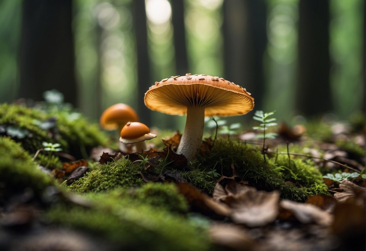 The forest floor is carpeted with fallen leaves, and various types of mushrooms peek out from beneath the foliage, signaling the arrival of mushroom hunting season