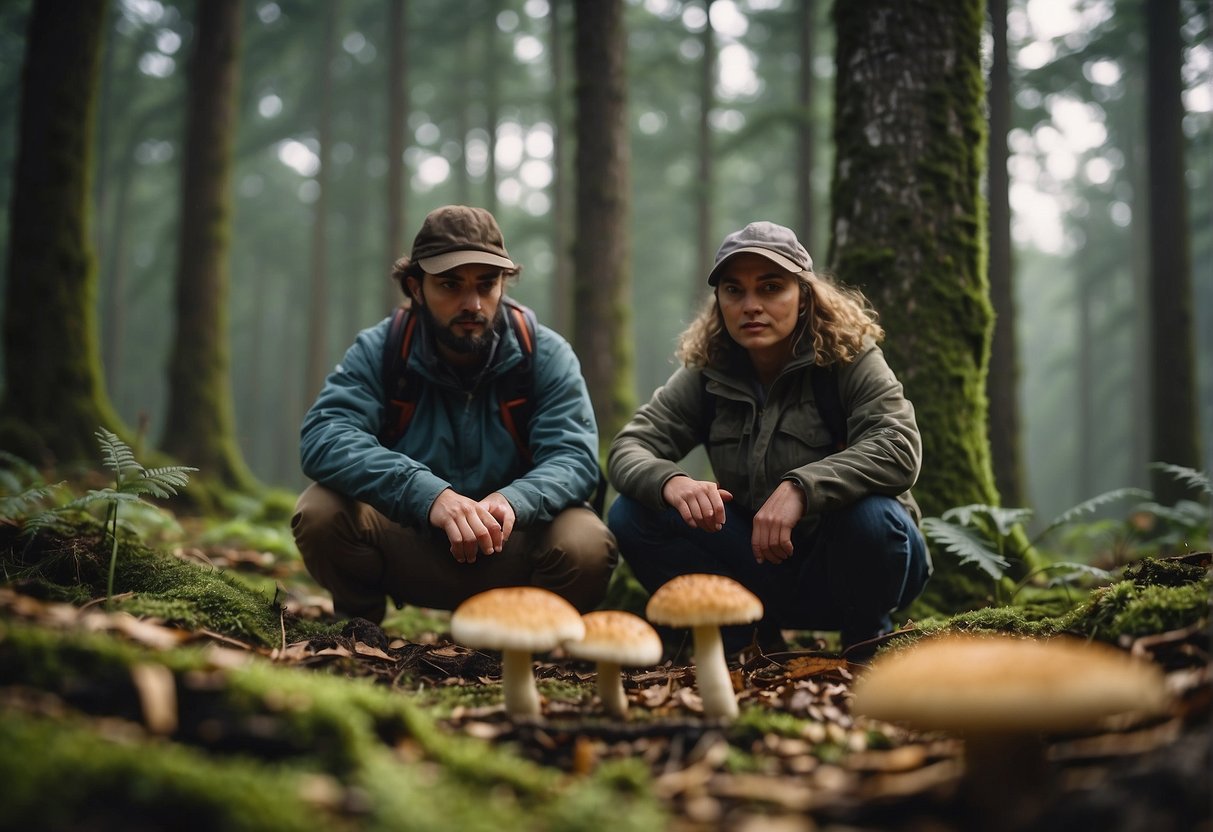 Mushroom hunters scouring forest floor for regional fungi