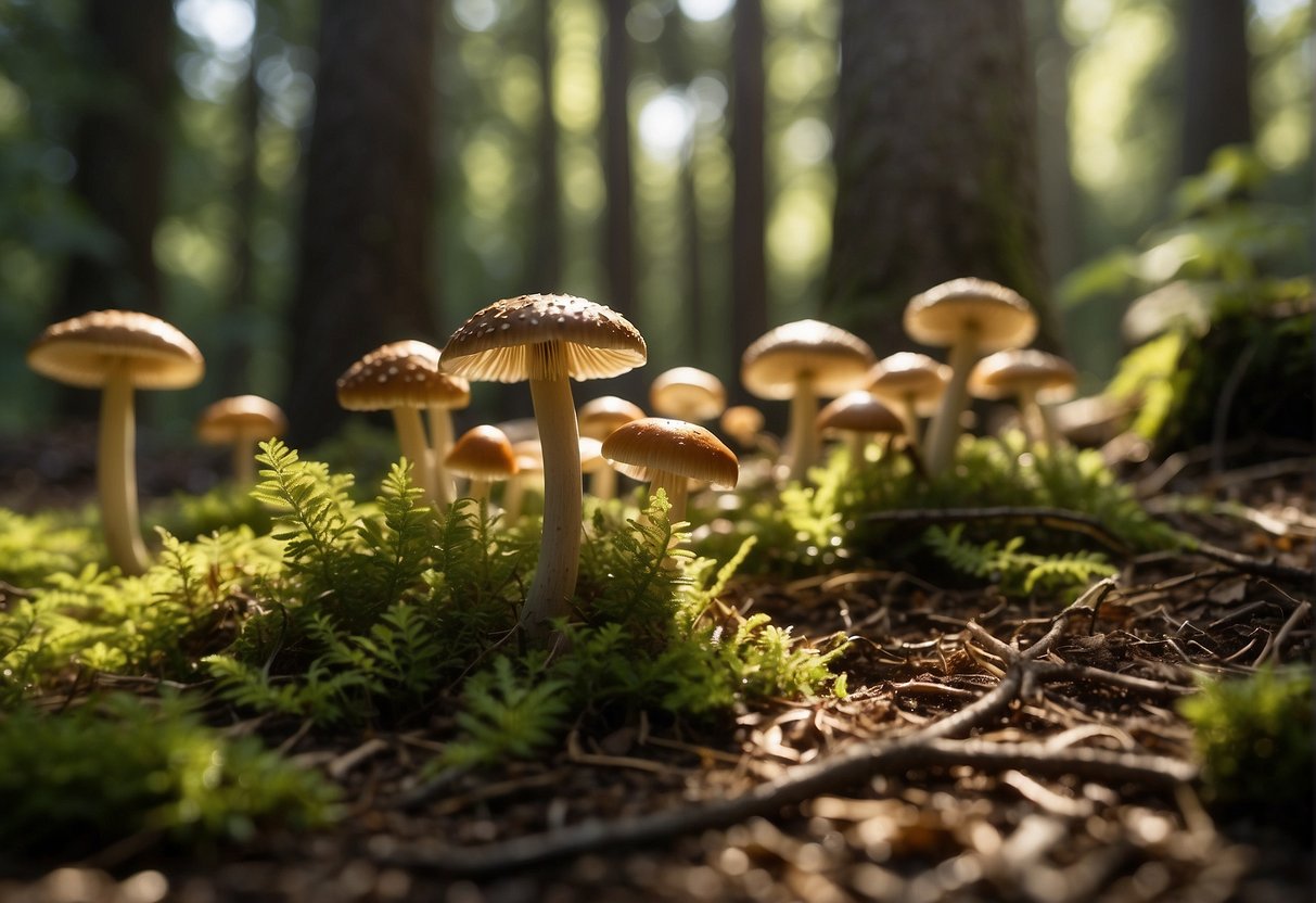 A forest floor with scattered mushrooms, surrounded by trees and dappled sunlight. Signs displaying foraging laws and ethics are posted nearby