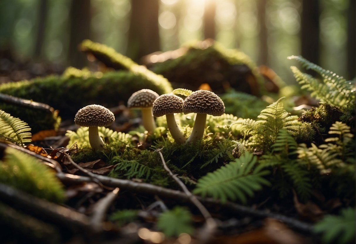 Sunlight filters through dense forest, illuminating patches of moss and fallen leaves. A cluster of morel mushrooms emerges from the forest floor, nestled among decaying logs and ferns