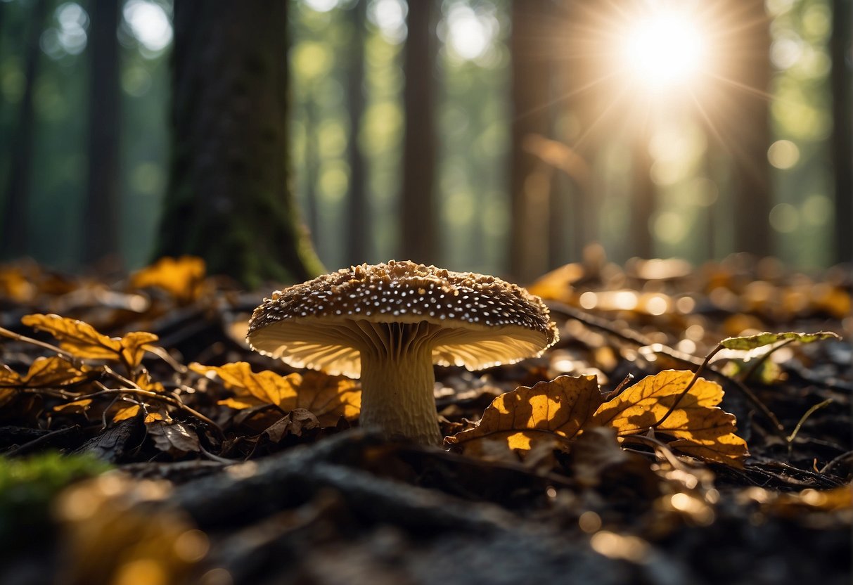 Sunlight filters through the forest canopy, illuminating the damp forest floor. Fallen leaves and decaying wood provide the perfect environment for morel mushrooms to thrive