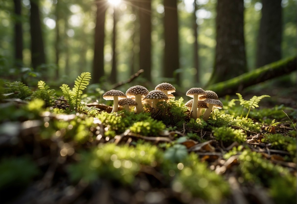 Lush forest floor with scattered morel mushrooms, surrounded by trees and dappled sunlight. Ethical foragers leave no trace, respecting the delicate ecosystem