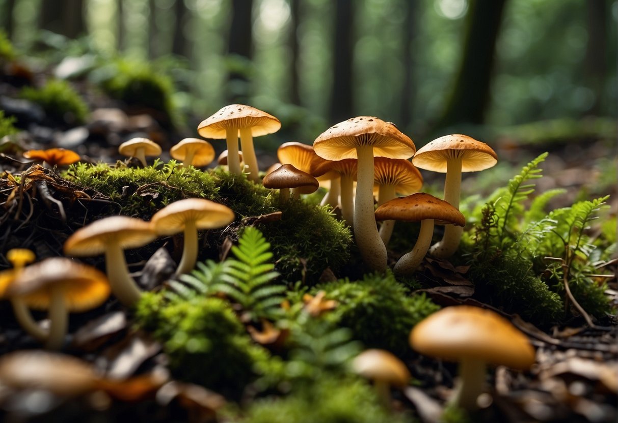 Lush forest floor with diverse wild mushrooms in various shapes and colors, surrounded by fallen leaves and dappled sunlight
