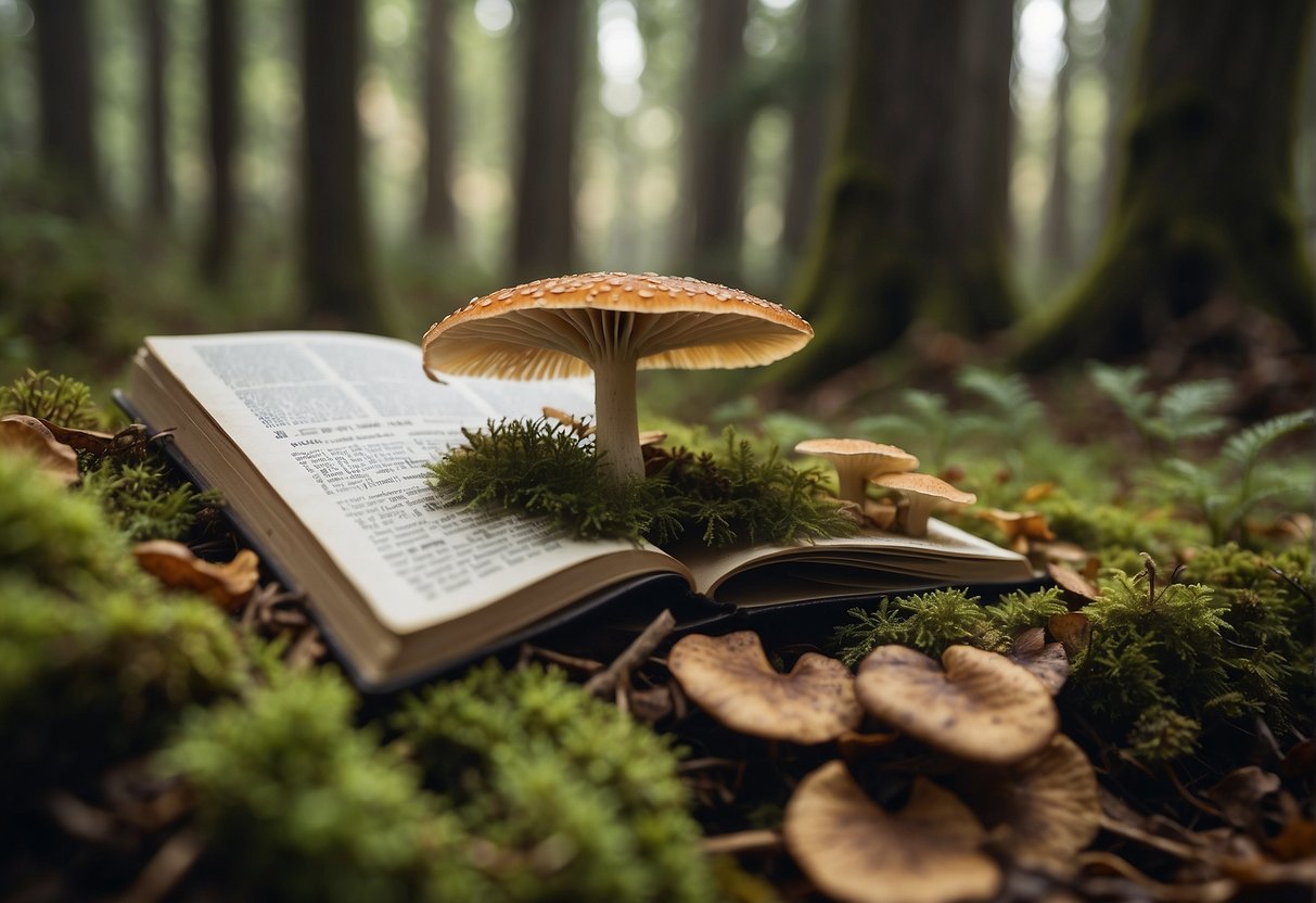 A dense forest floor with various types of wild mushrooms, some poisonous, next to a guidebook on wild mushrooms