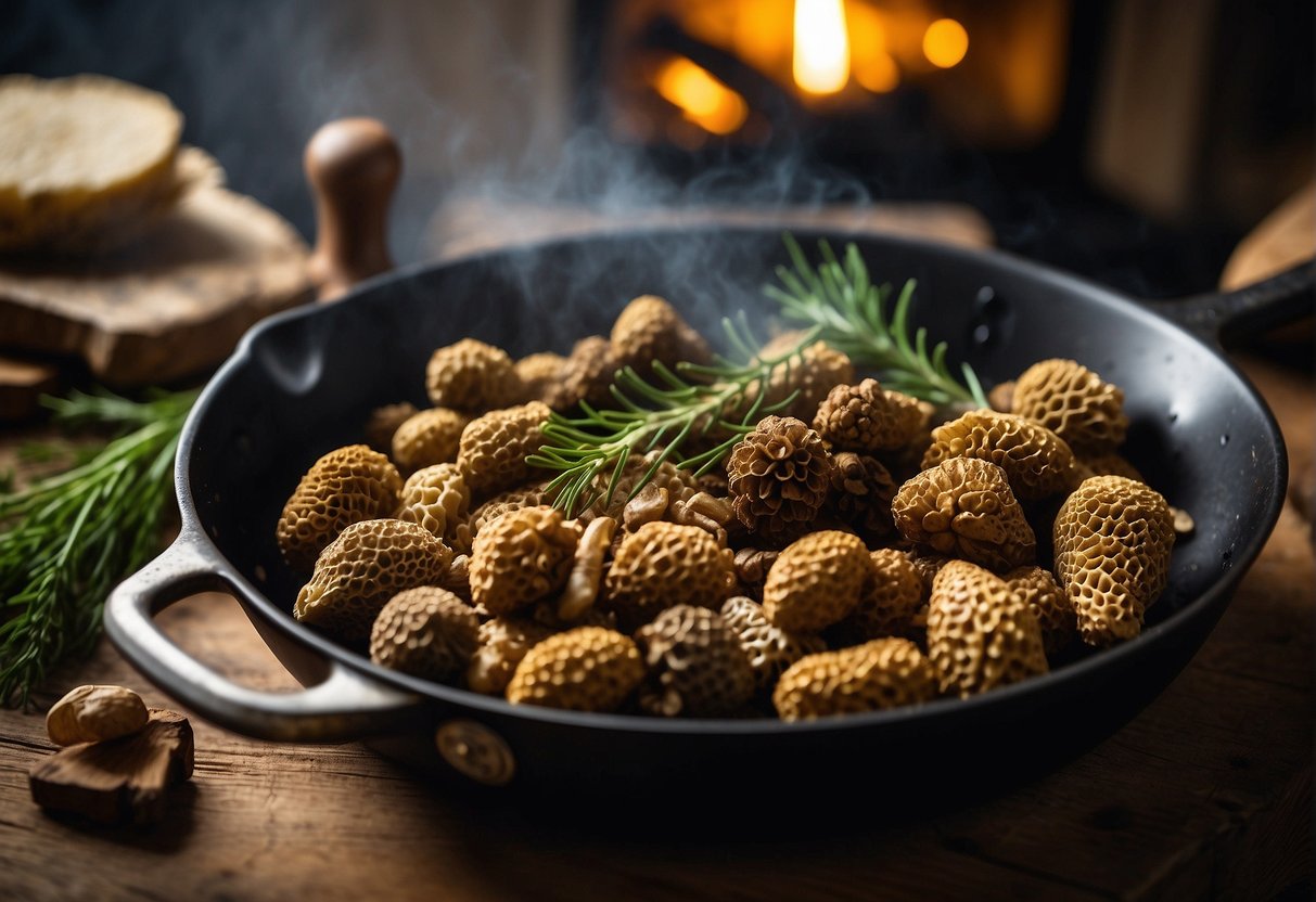 Golden morels being cleaned, sliced, and sautéed in a pan over a crackling fire, surrounded by foraged herbs and a rustic cooking setup