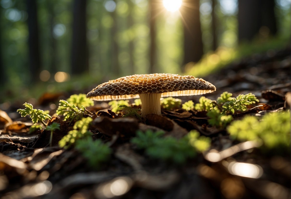 Sunlight filters through the forest canopy onto a bed of fallen leaves. Morel mushrooms sprout from the damp earth, their distinctive honeycomb caps reaching towards the light