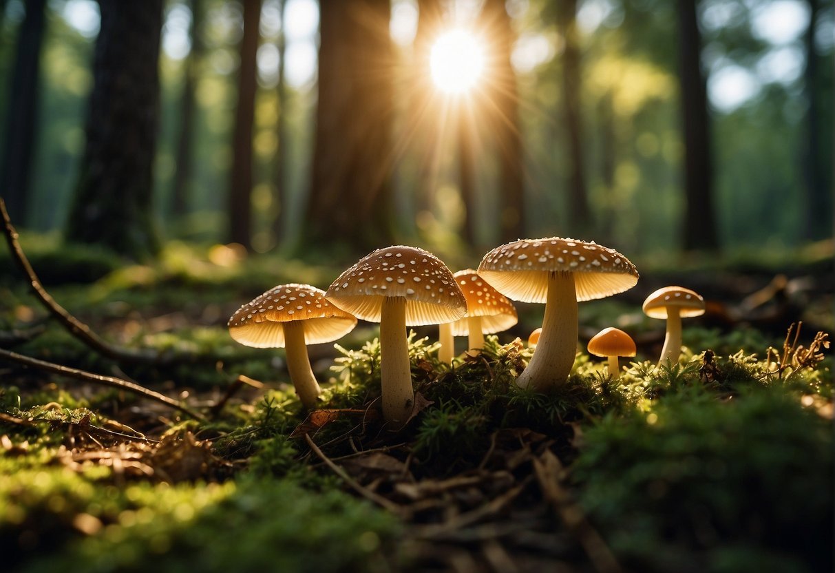 Sunset in a dense forest, dappled light filtering through the trees. Mushrooms of various shapes and sizes sprout from the forest floor, creating a vibrant and enchanting scene for mushroom hunting