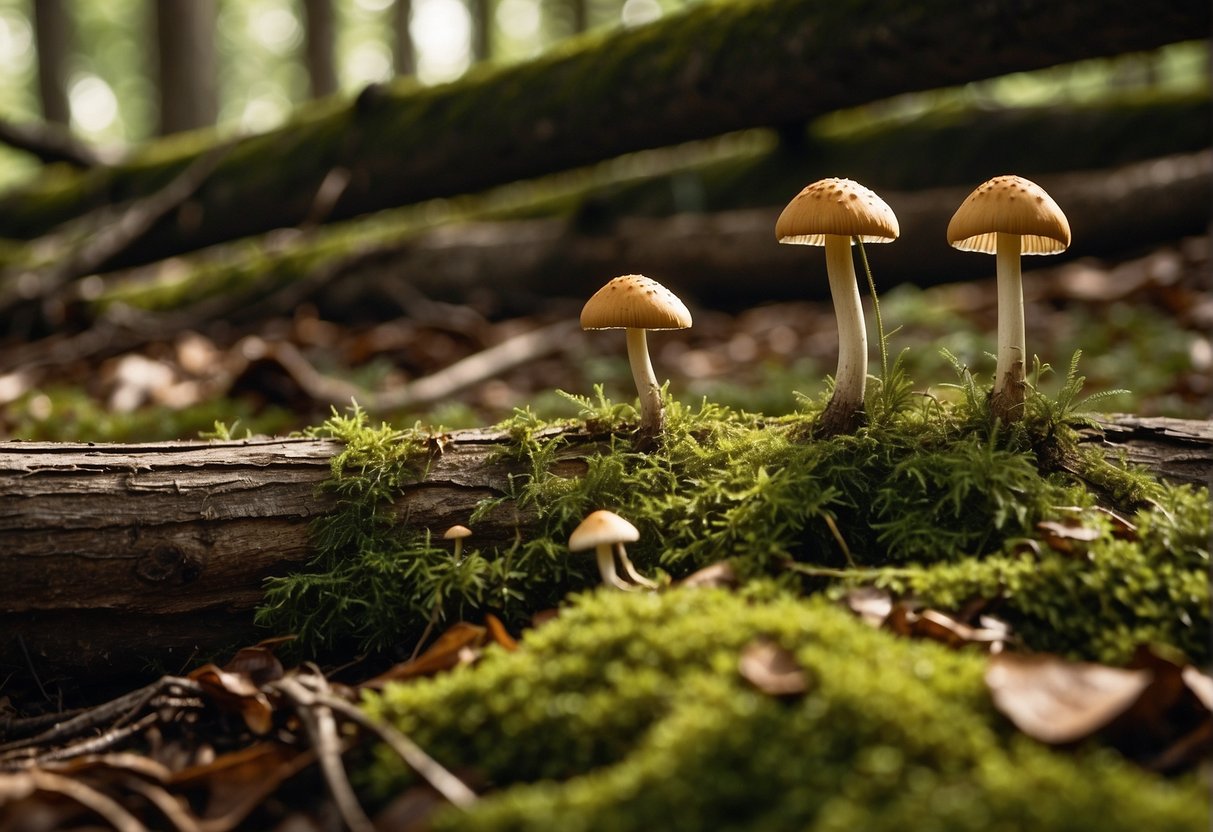 Lush forest floor, dappled sunlight, diverse mushroom shapes and colors. Fallen logs and decaying leaves provide ideal habitat for mushroom growth